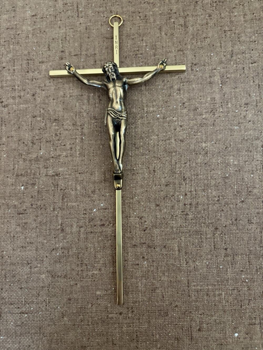 Vintage INRI Brass Crucifix cross Wall Hanging 10"×5" Jesus Christ